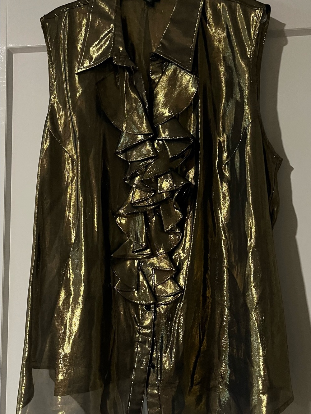 Ralph Lauren “Green Label”Metallic Gold Ruffle Sleeveless Blouse Silk Blend 18W
